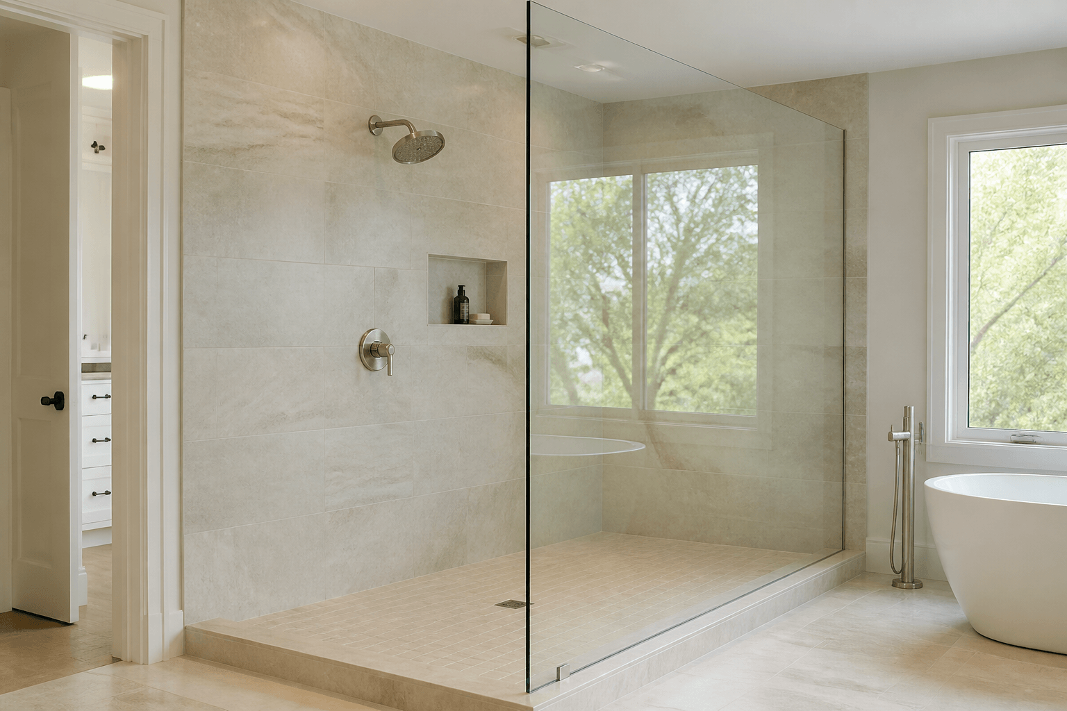 Tall, wide 1/2-inch fixed glass panel enclosing a modern walk-in shower.